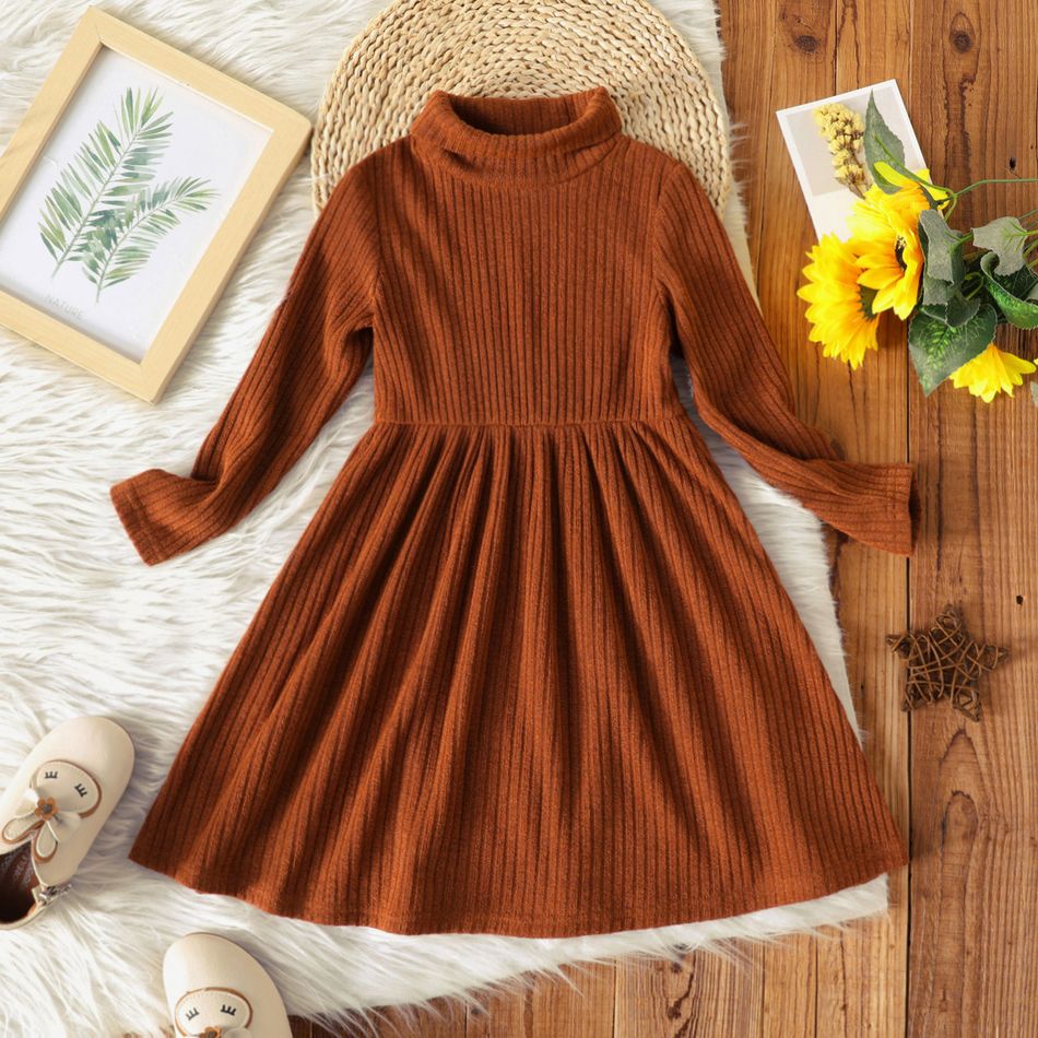 Toddler Girl Turtleneck Solid Color Ribbed Long-sleeve Dress Brown big image 1