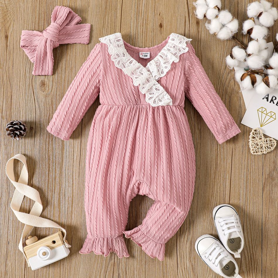 2pcs Baby Girl Ruffle Trim Surplice Neck Textured Long-sleeve Jumpsuit with Headband Set Pink