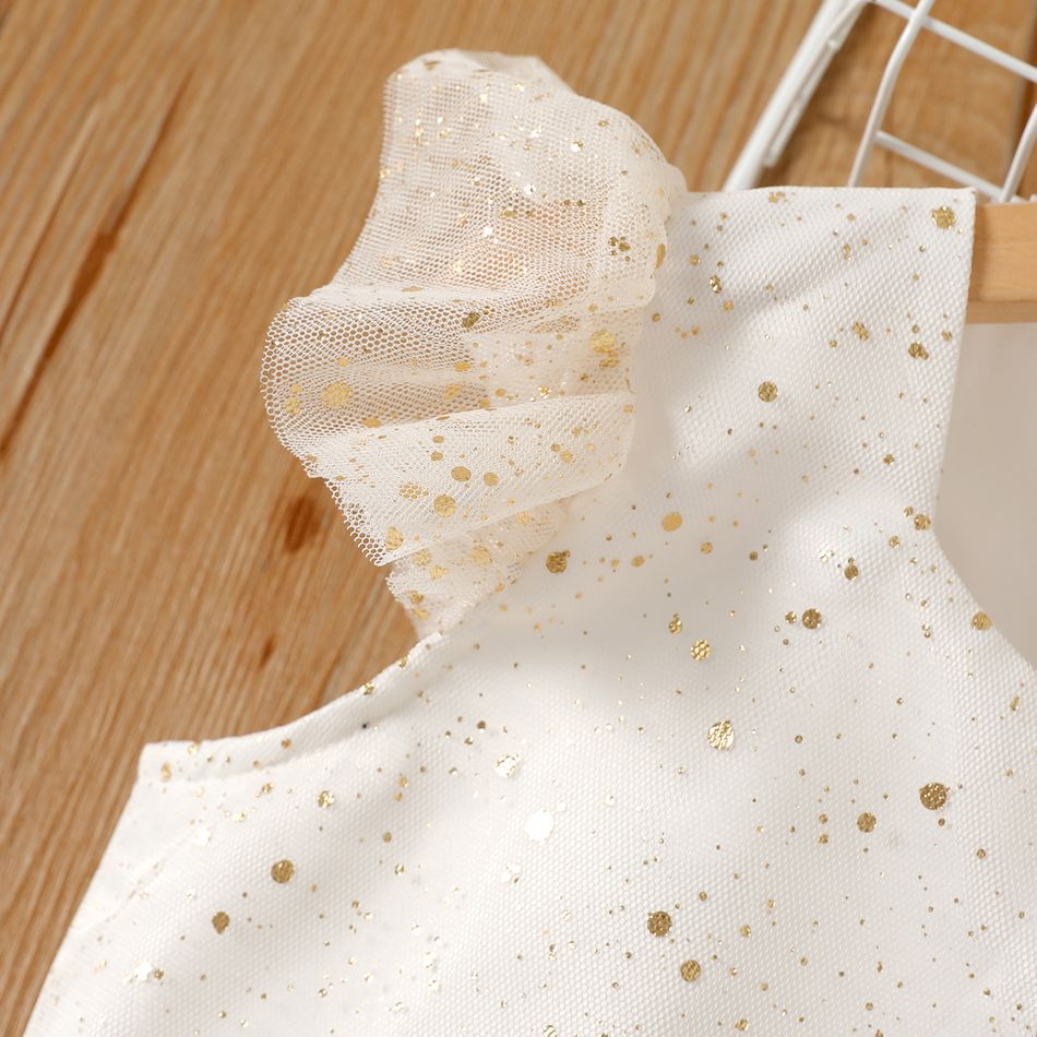 Kid Girl Sweet Glitter Design Layered Mesh Flutter-sleeve Princess Party Tutu Dress Beige big image 6