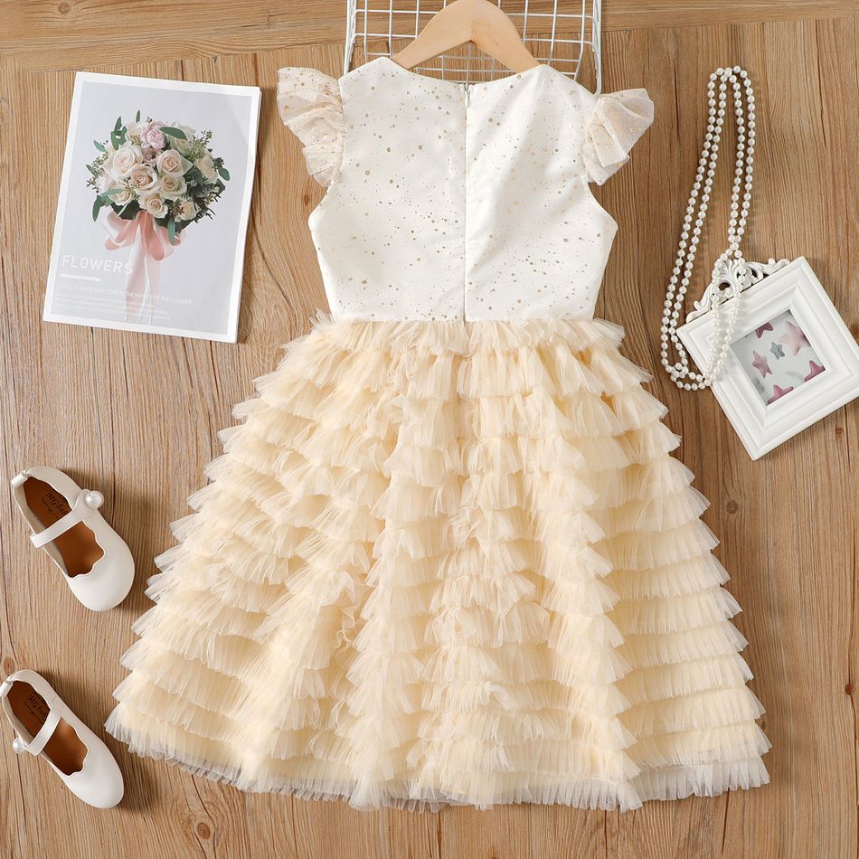 Kid Girl Sweet Glitter Design Layered Mesh Flutter-sleeve Princess Party Tutu Dress Beige big image 4
