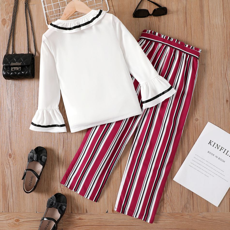 2pcs Kid Girl Flounce Collar Long Bell sleeves Blouse and Stripe Belted Pants Set ColorBlock big image 4