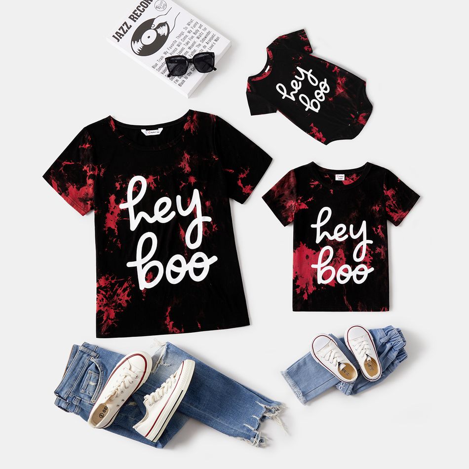 100% Cotton Letter Print Tie Dye Round Neck Short-sleeve T-shirts for Mom and Me redblack
