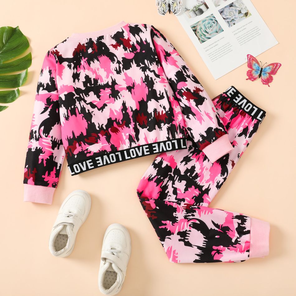 2pcs Kid Girl Letter Print Colorblock Pullover Sweatshirt and Elasticized Pants Set Pink big image 2