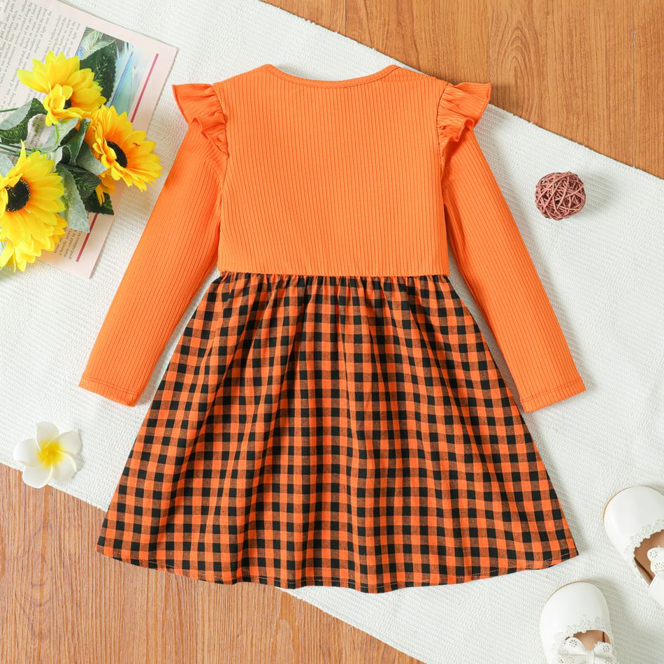 Toddler Girl Faux-two Bowknot Design Ribbed Plaid Splice Long-sleeve Dress Orange big image 2