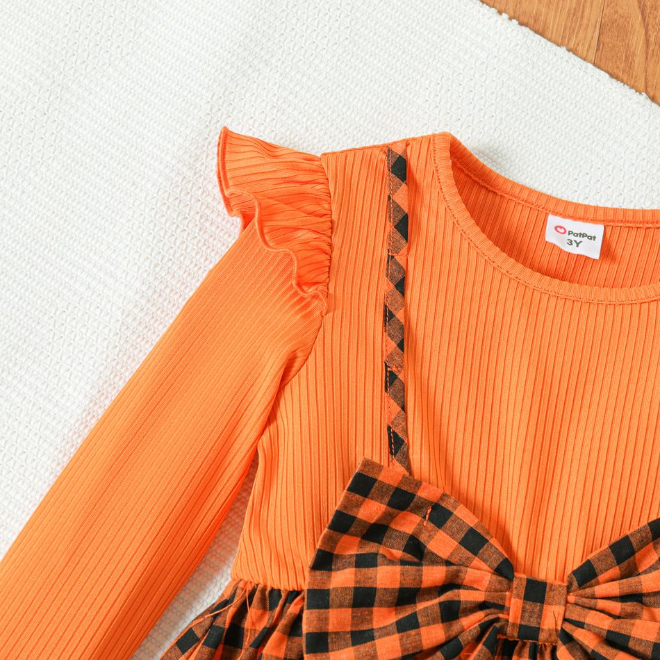 Toddler Girl Faux-two Bowknot Design Ribbed Plaid Splice Long-sleeve Dress Orange big image 3