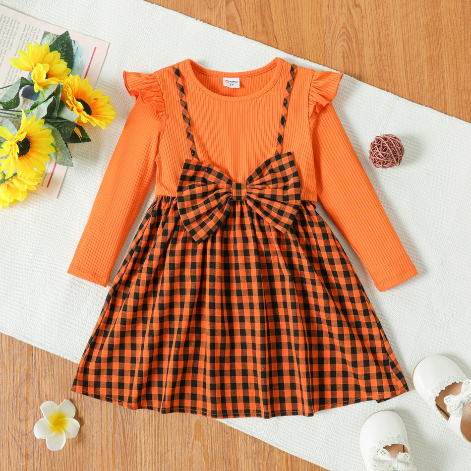 Toddler Girl Faux-two Bowknot Design Ribbed Plaid Splice Long-sleeve Dress Orange