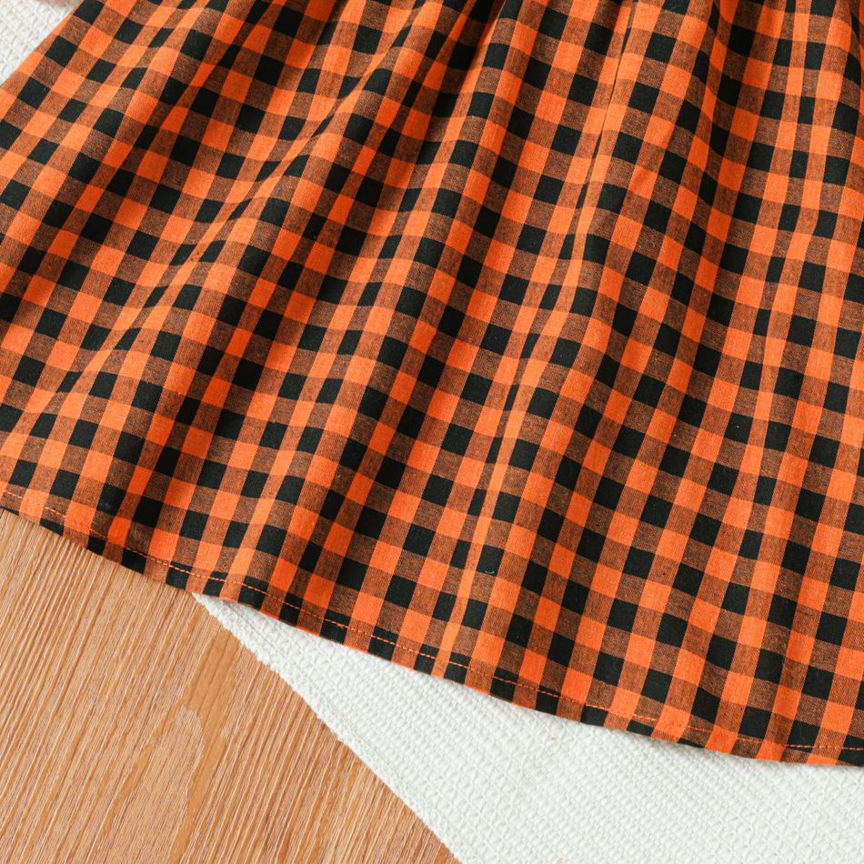 طفلة صغيرة فو -2 BOWKNOT تصميم مضلع منقوشة لصق فستان طويل الأكمام البرتقالي big image 4