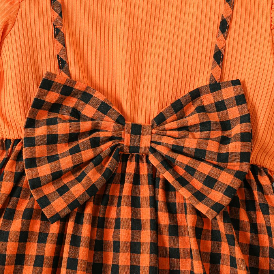Toddler Girl Faux-two Bowknot Design Ribbed Plaid Splice Long-sleeve Dress Orange big image 5