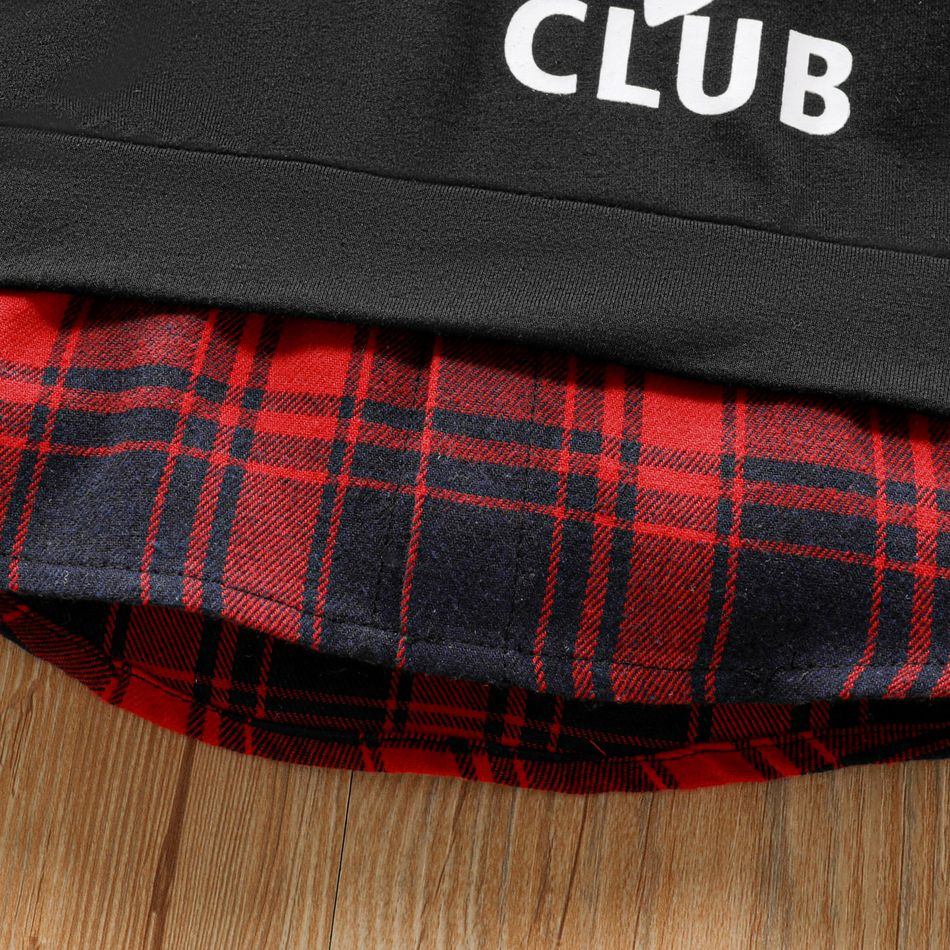2pcs Toddler Boy Faux-two Letter Print Plaid Splice Hoodie Sweatshirt and Black Pants Set Black big image 5