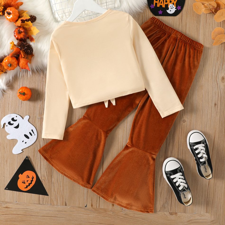 2pcs Kid Girl Halloween Pumpkin Print Tie Knot Long-sleeve Tee and Flared Velvet Pants Set Apricot Yellow big image 2