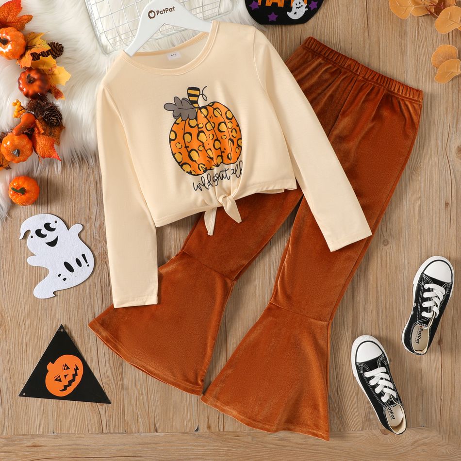 2pcs Kid Girl Halloween Pumpkin Print Tie Knot Long-sleeve Tee and Flared Velvet Pants Set Apricot Yellow big image 1