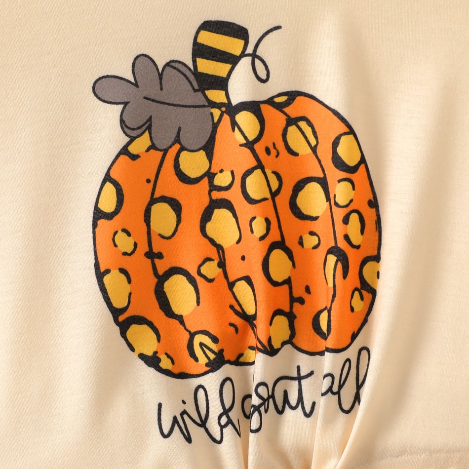 2pcs Kid Girl Halloween Pumpkin Print Tie Knot Long-sleeve Tee and Flared Velvet Pants Set Apricot Yellow big image 3