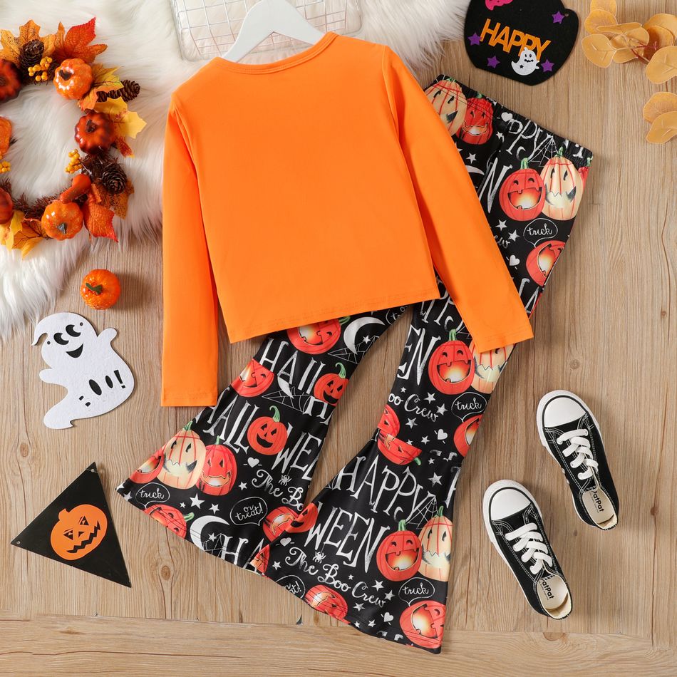 2pcs Kid Girl Halloween Graphic Long-sleeve Tee and Flared Pants Set Orange big image 4