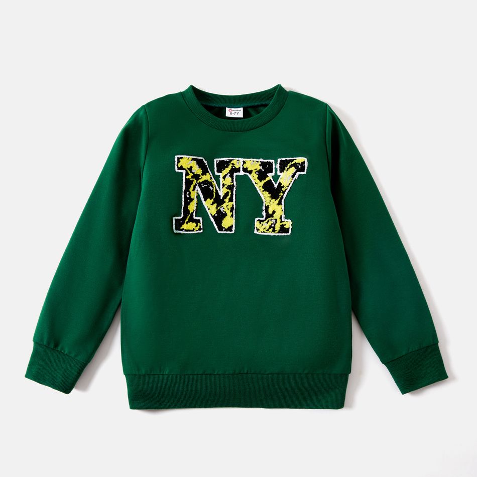 Kid Boy Casual Letter Embroidered Pullover Sweatshirt Dark Green