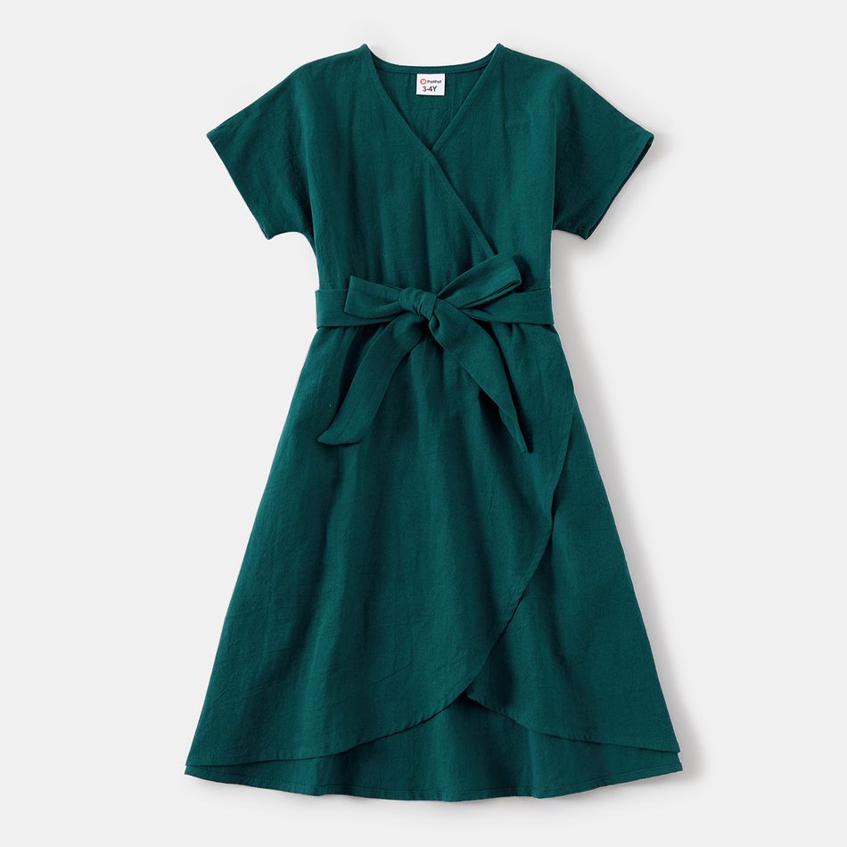 Family Matching 100% Cotton Dark Green Surplice Neck Self Tie Short-sleeve Dresses and Long-sleeve Plaid Shirts Sets DarkGreen big image 11