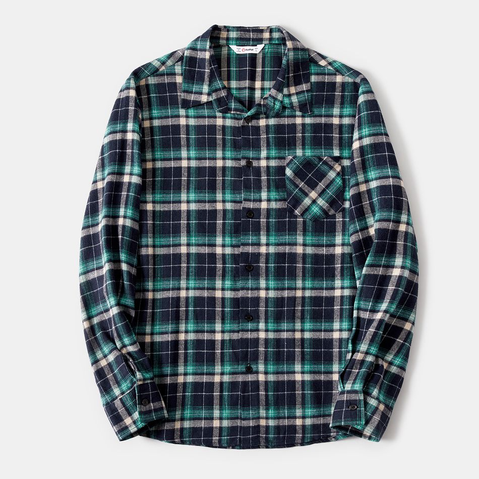Family Matching 100% Cotton Dark Green Surplice Neck Self Tie Short-sleeve Dresses and Long-sleeve Plaid Shirts Sets DarkGreen big image 17