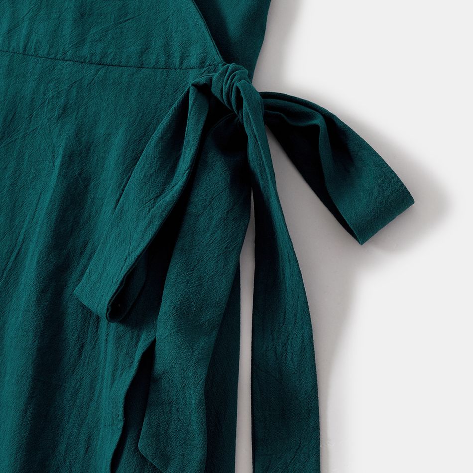 Family Matching 100% Cotton Dark Green Surplice Neck Self Tie Short-sleeve Dresses and Long-sleeve Plaid Shirts Sets DarkGreen big image 9