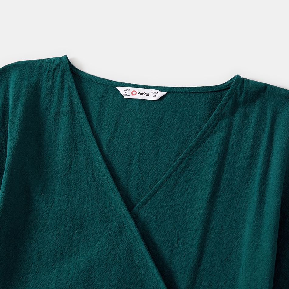 Family Matching 100% Cotton Dark Green Surplice Neck Self Tie Short-sleeve Dresses and Long-sleeve Plaid Shirts Sets DarkGreen big image 8