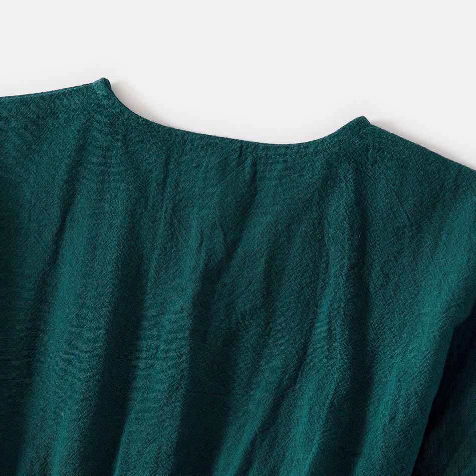 Family Matching 100% Cotton Dark Green Surplice Neck Self Tie Short-sleeve Dresses and Long-sleeve Plaid Shirts Sets DarkGreen big image 16