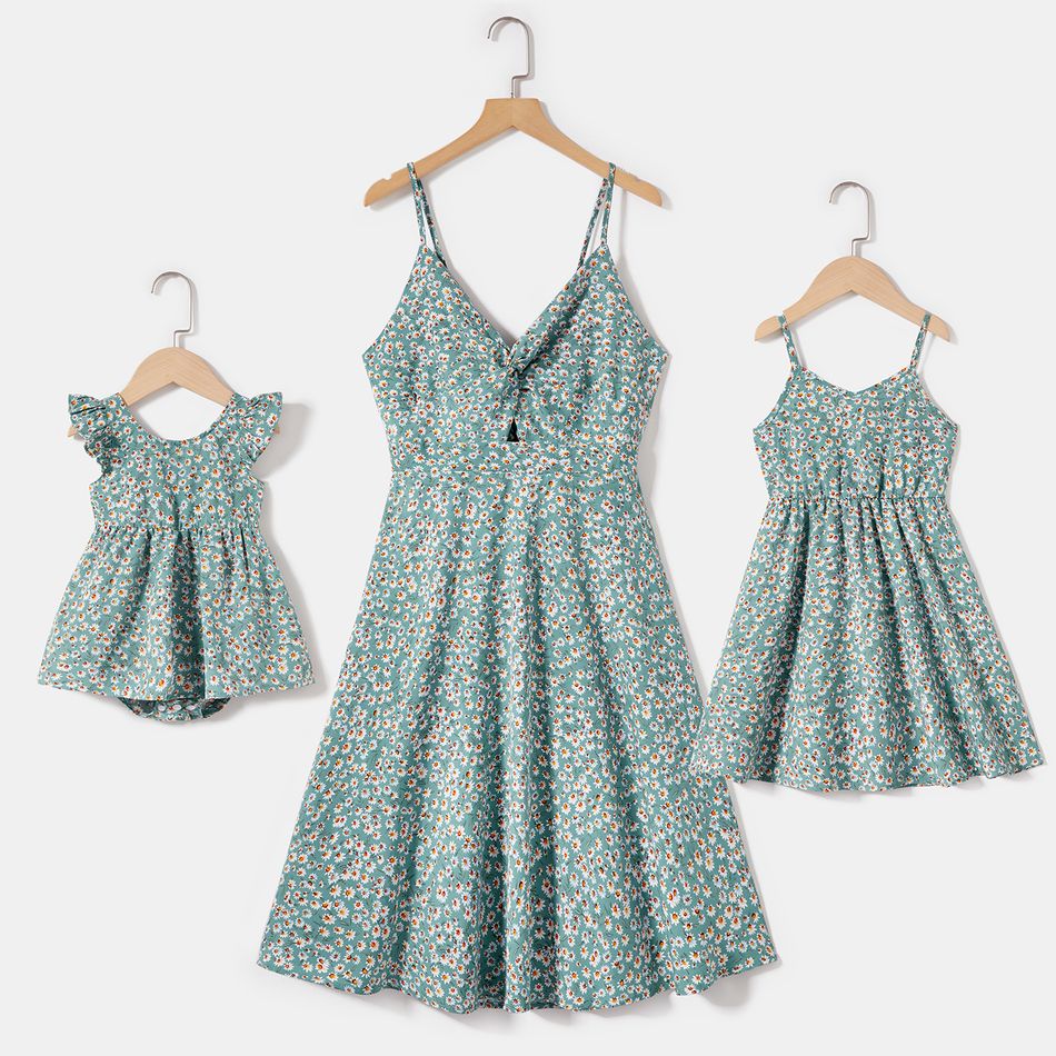 Green Floral Print Twist Front Tie Back Cami Dress for Mom and Me Green big image 1