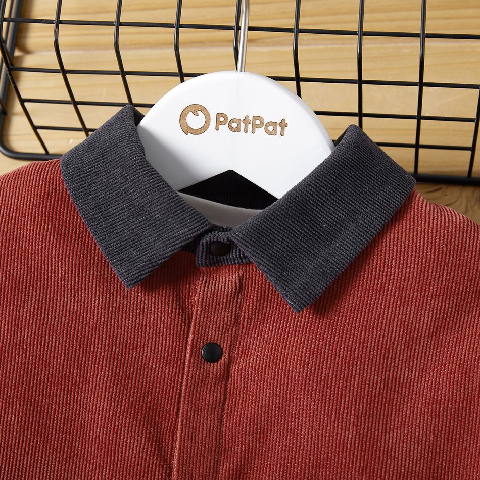 طفل الصبي طية صدر السترة طوق جيب تصميم colorblock طويلة الأكمام قميص سروال قصير من الطوب الأحمر big image 2