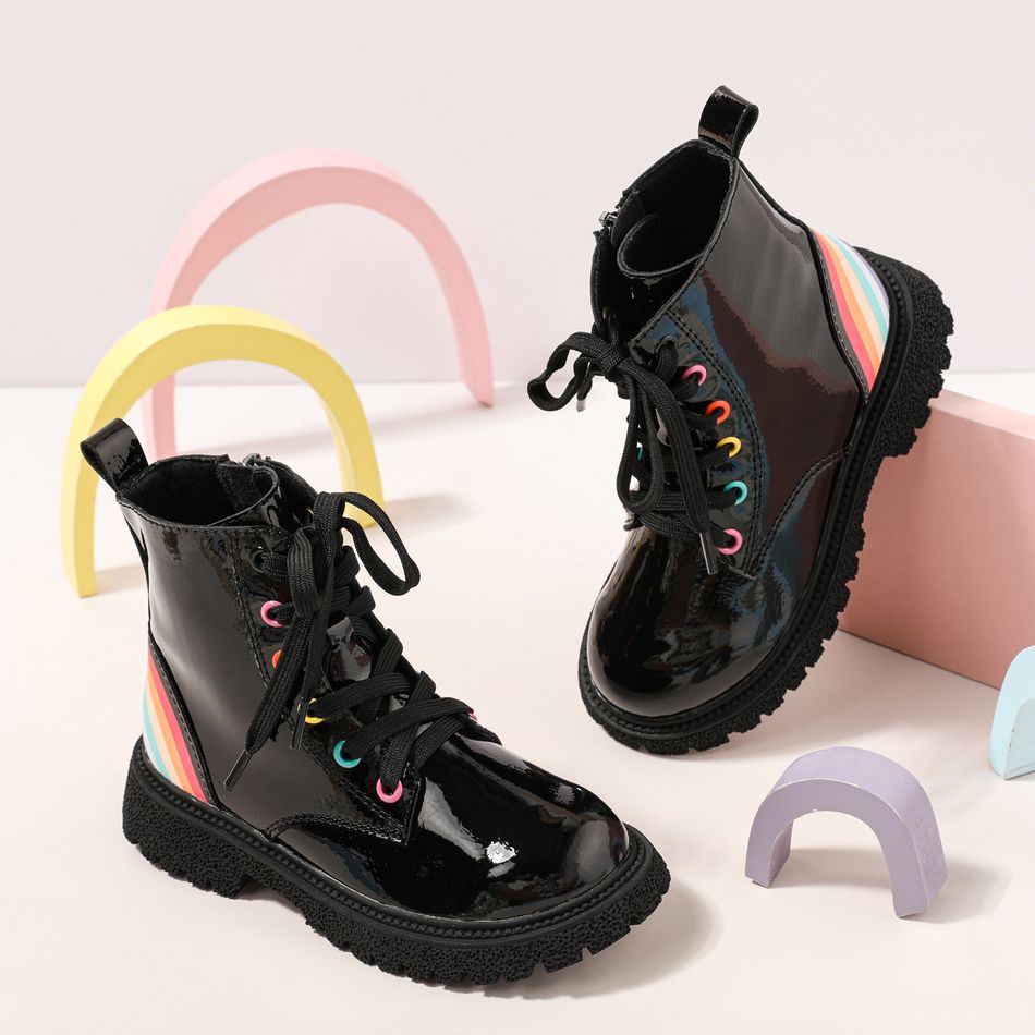 Toddler / Kid Rainbow Pattern Lace Up Boots (The color of the eyelet and heel rainbow is random) Black big image 2