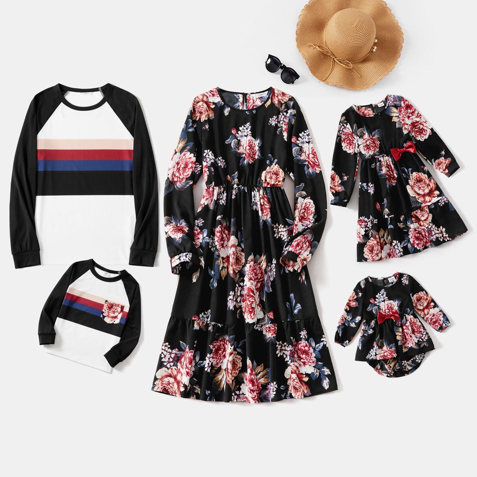 Family Matching Allover Floral Print Long-sleeve Dresses and Raglan-sleeve Striped T-shirts Sets Colorful