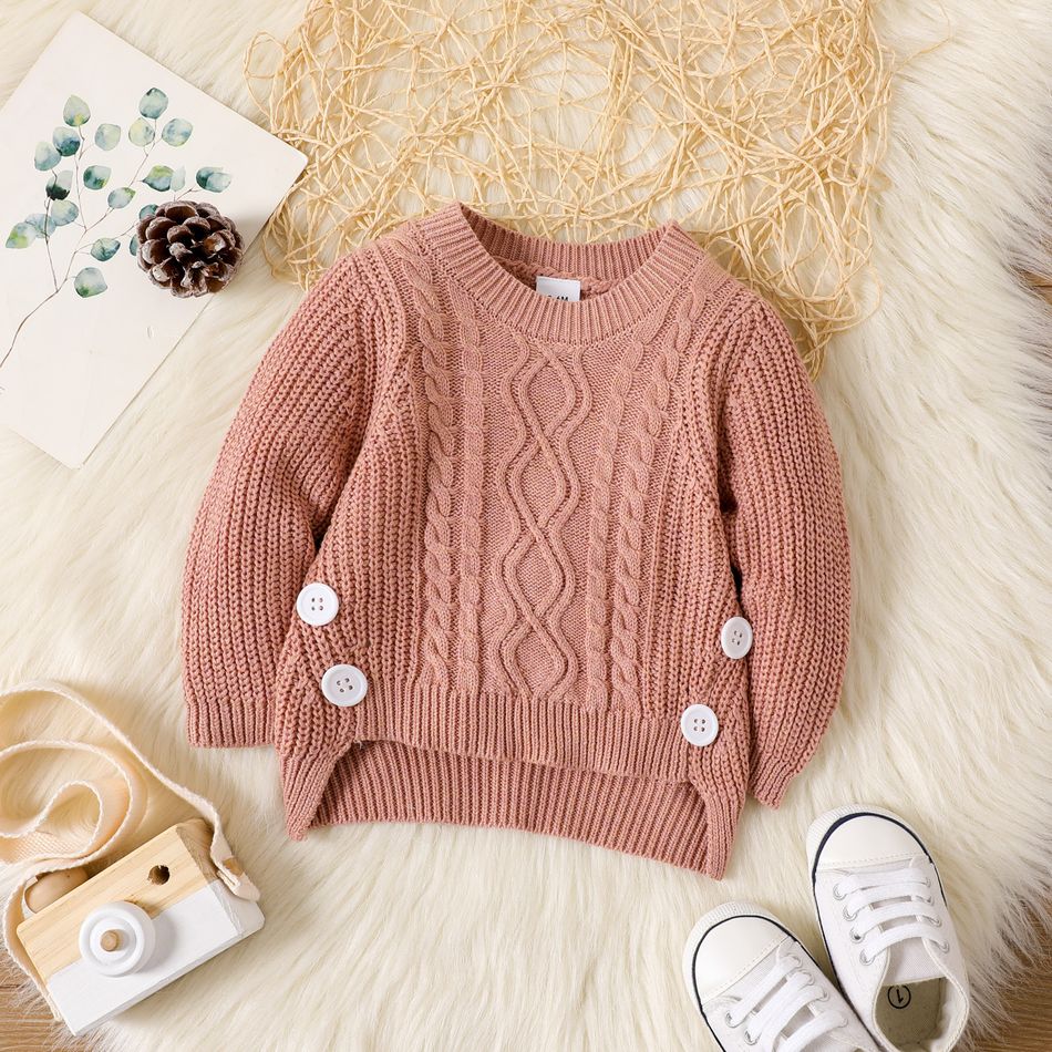 Baby Girl Button Decor Solid Long-sleeve Cable Knit Pullover Sweater Cameo brown