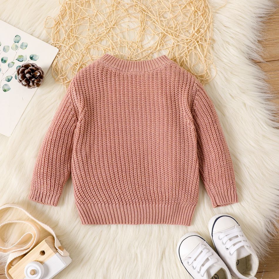 Baby Girl Button Decor Solid Long-sleeve Cable Knit Pullover Sweater Cameo brown big image 2