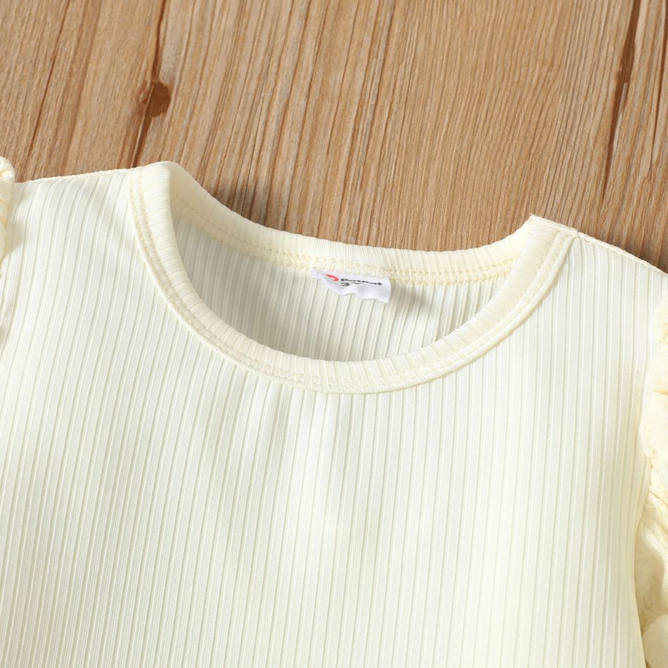 Toddler Girl Textured Ribbed Long Puff-sleeve Solid Color Tee Apricot big image 3