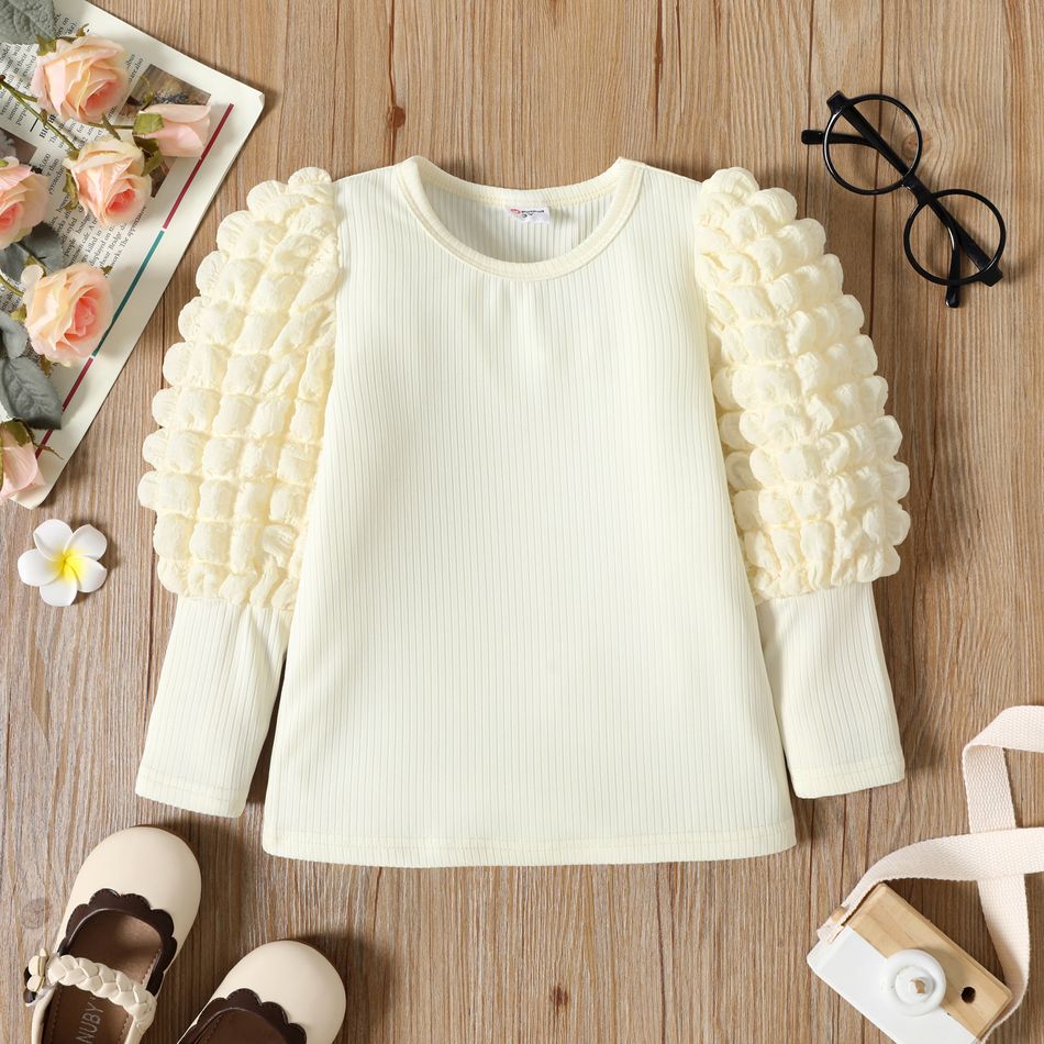 Toddler Girl Textured Ribbed Long Puff-sleeve Solid Color Tee Apricot big image 1