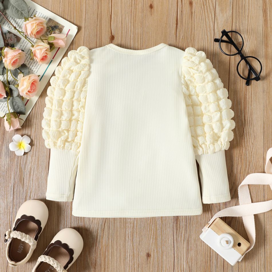Toddler Girl Textured Ribbed Long Puff-sleeve Solid Color Tee Apricot big image 2