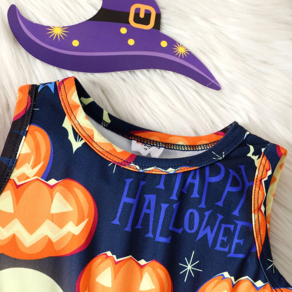 2pcs Toddler Girl Halloween Letter Pumpkin Print Sleeveless Dress and Ruffled Cardigan Set Orange big image 3