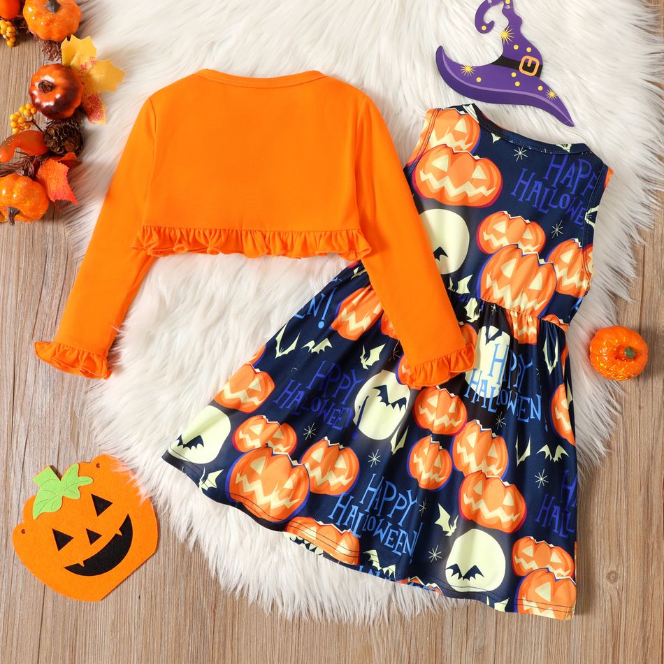 2pcs Toddler Girl Halloween Letter Pumpkin Print Sleeveless Dress and Ruffled Cardigan Set Orange big image 2