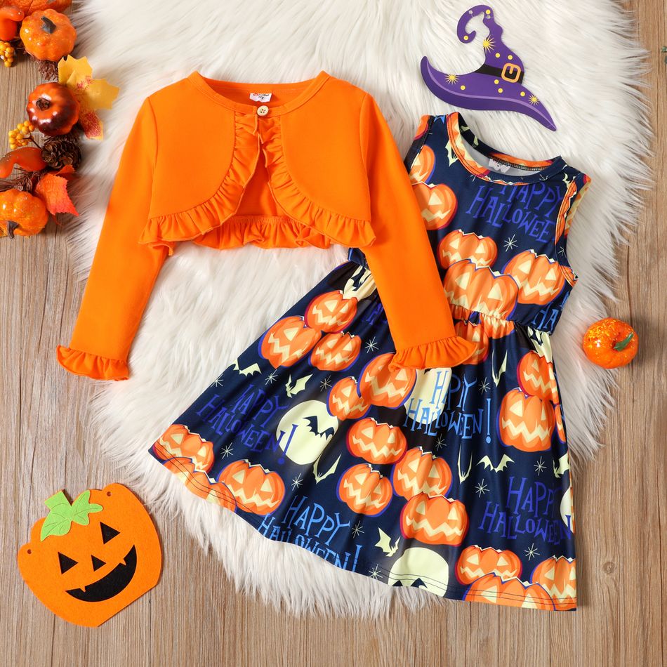 2pcs Toddler Girl Halloween Letter Pumpkin Print Sleeveless Dress and Ruffled Cardigan Set Orange big image 1