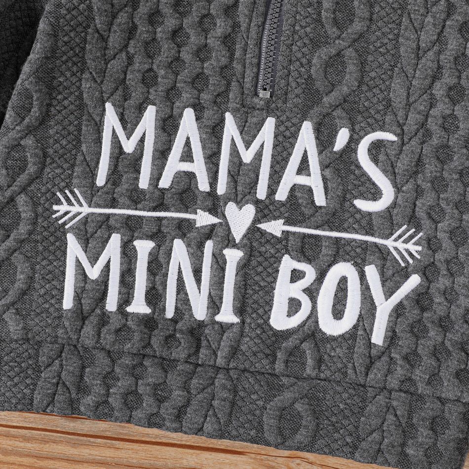 2pcs Baby Boy Letter Embroidered Grey Textured Long-sleeve Zip Sweatshirt and Sweatpants Set Dark Grey big image 4