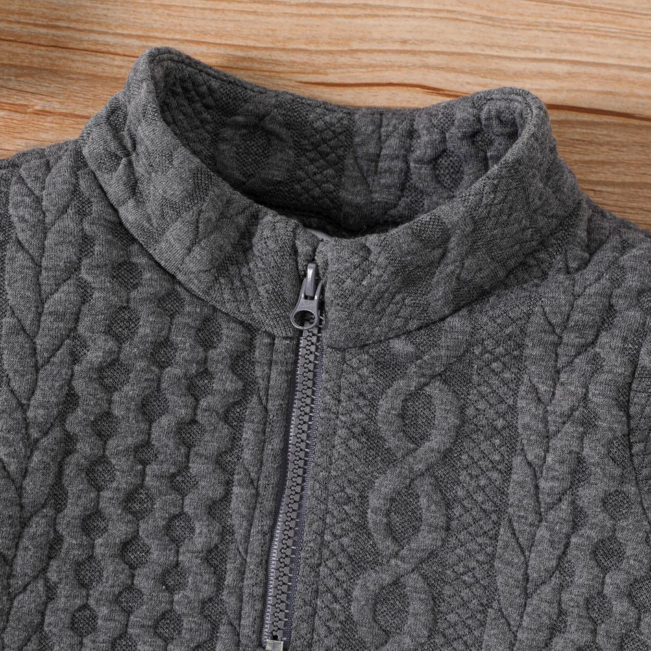 2pcs Baby Boy Letter Embroidered Grey Textured Long-sleeve Zip Sweatshirt and Sweatpants Set Dark Grey big image 3