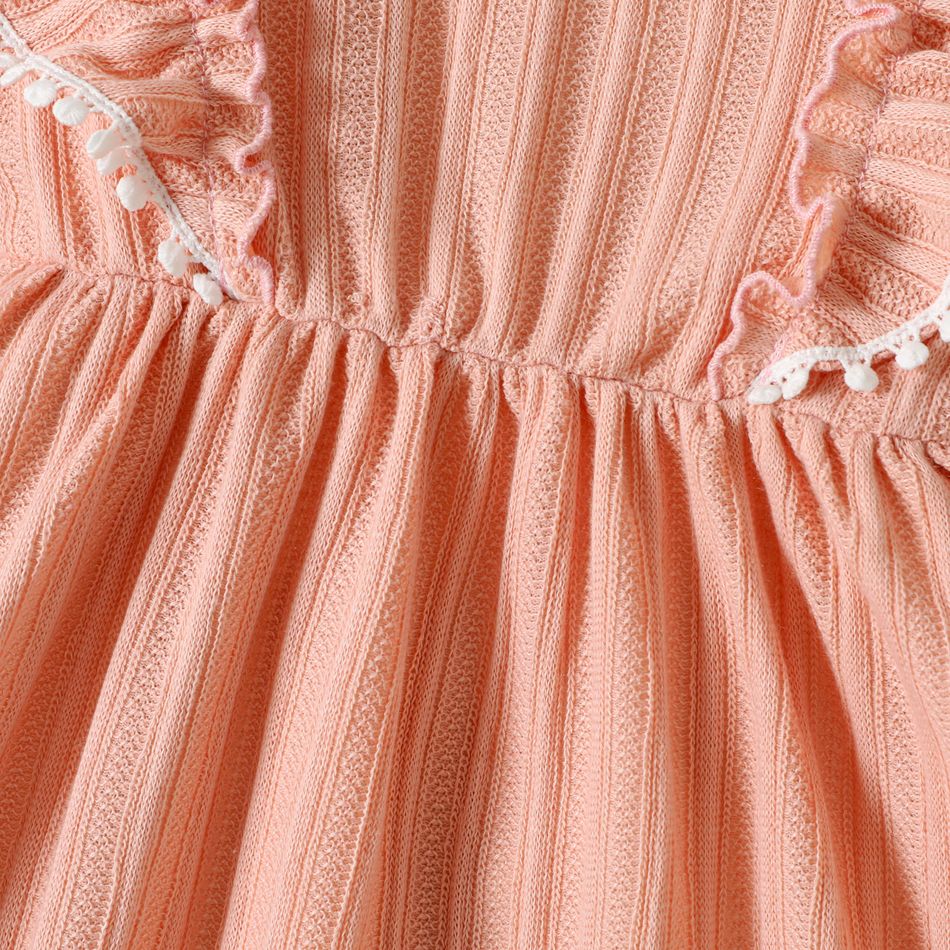 Toddler Girl Ruffled Pompom Trim Jacquard Solid Color Long-sleeve Dress Pink big image 4