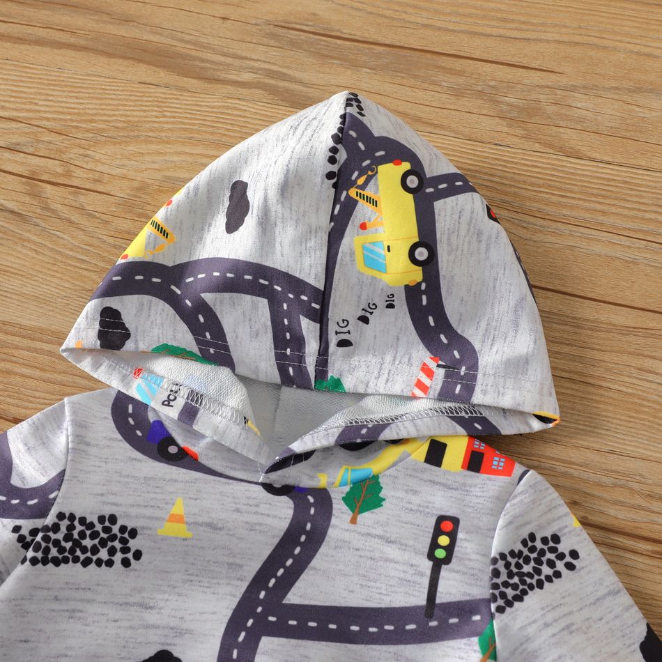 2pcs Baby Boy Allover Vehicle Print Long-sleeve Hoodie and Sweatpants Set Grey big image 3