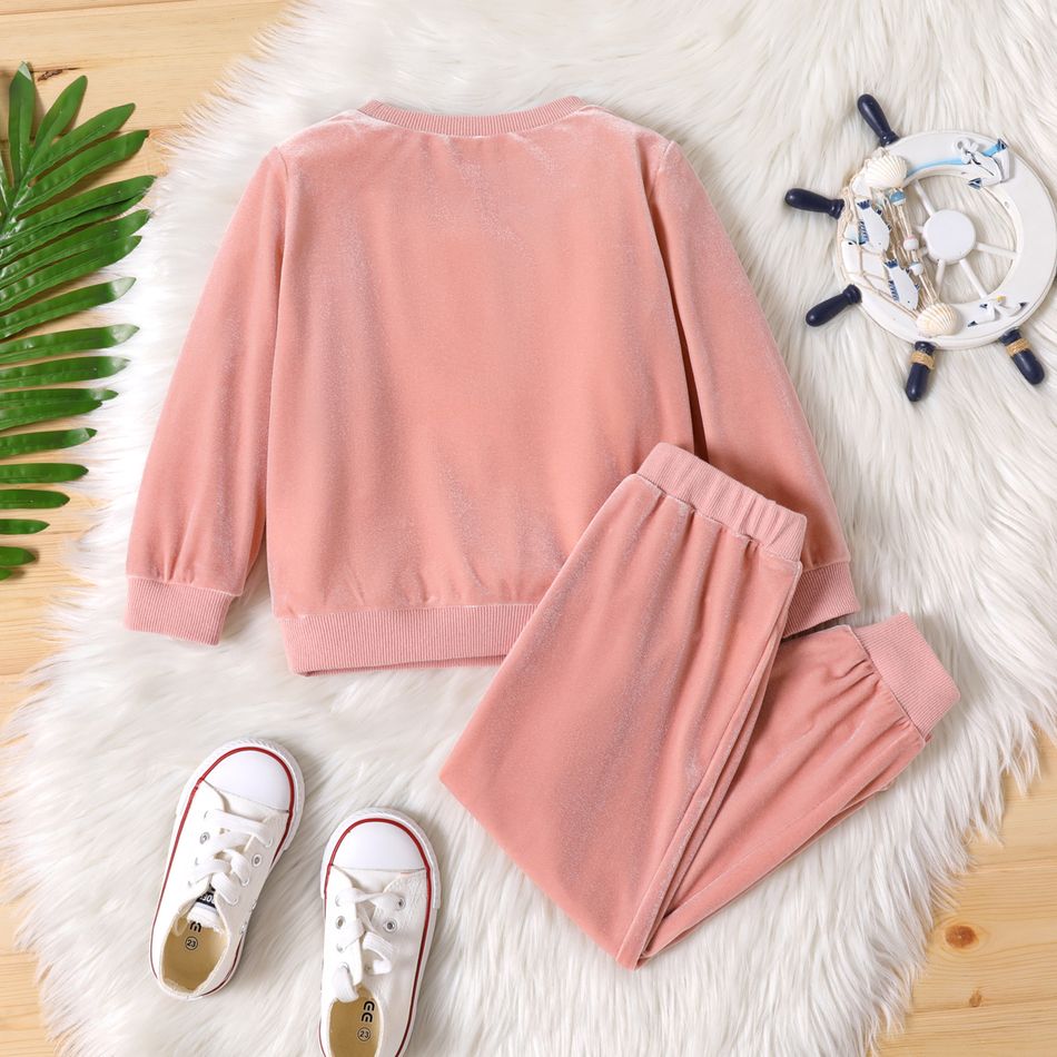 2pcs Toddler Girl Solid Color Velvet Pullover Sweatshirt and Pants Set Pink big image 3