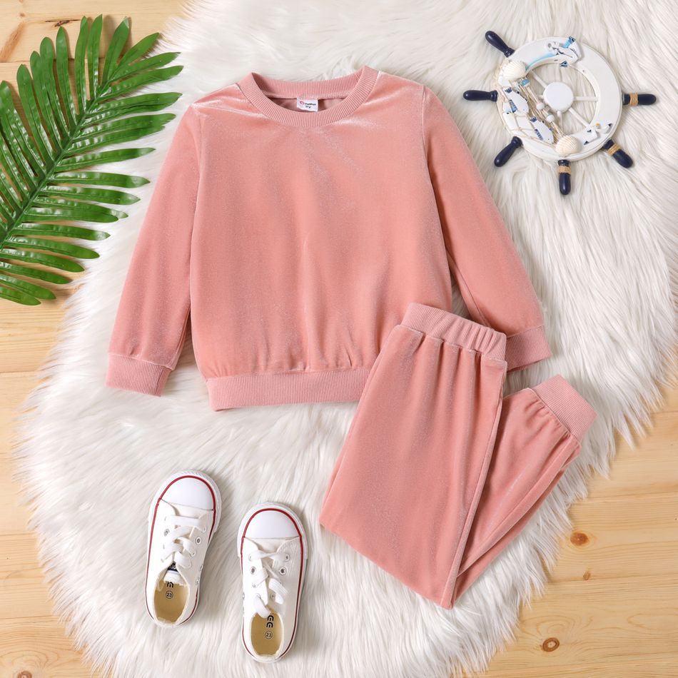 2pcs Toddler Girl Solid Color Velvet Pullover Sweatshirt and Pants Set Pink big image 1
