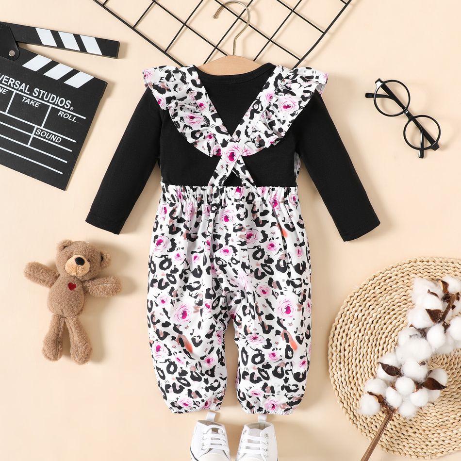 2pcs Baby Girl Solid Long-sleeve Tee and Bear Pattern Leopard & Floral Print Ruffle Trim Overalls Set Black big image 2