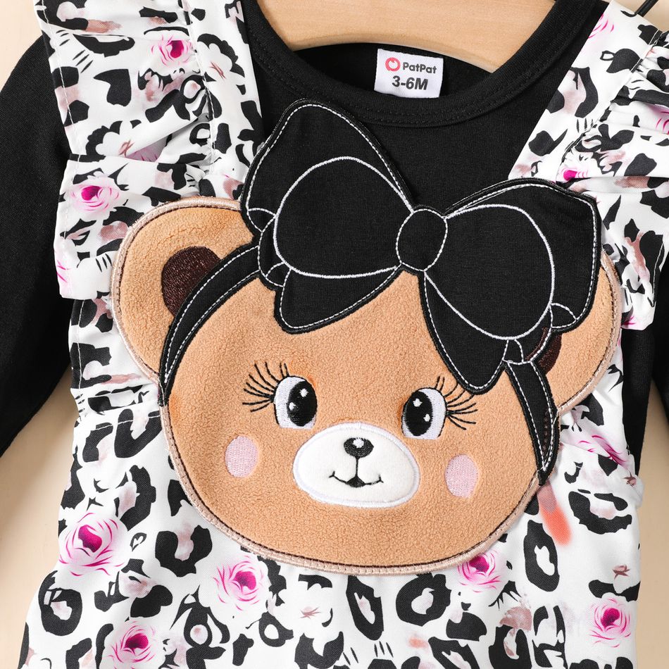 2pcs Baby Girl Solid Long-sleeve Tee and Bear Pattern Leopard & Floral Print Ruffle Trim Overalls Set Black big image 4