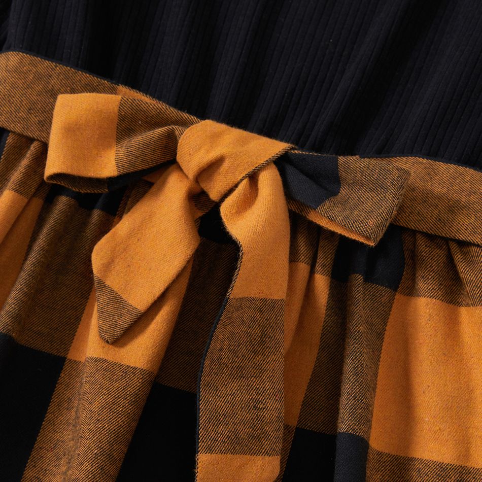 Family Matching Long-sleeve Solid Rib Knit Spliced Plaid Dresses and Button Up Shirts Sets Orangeyellow big image 7