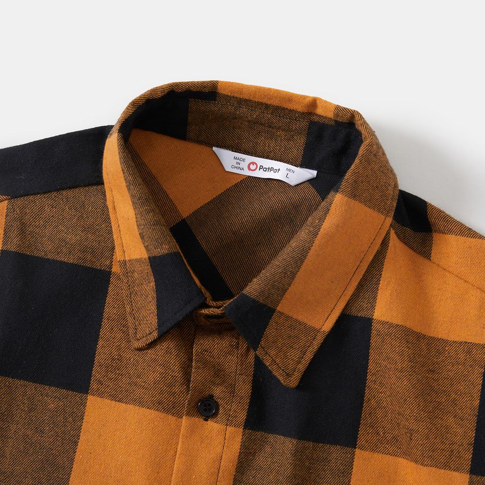 Family Matching Long-sleeve Solid Rib Knit Spliced Plaid Dresses and Button Up Shirts Sets Orangeyellow big image 17