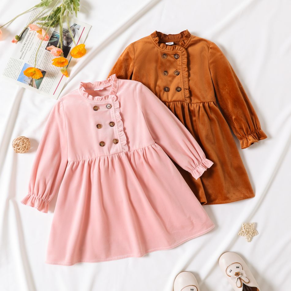 Toddler Girl Solid Color Ruffle Collar Button Design Long-sleeve Velvet Dress Pink big image 2