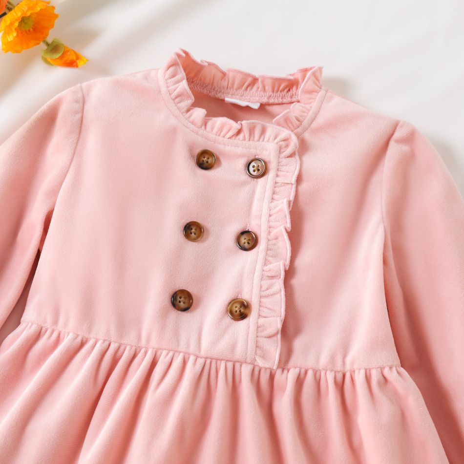 Toddler Girl Solid Color Ruffle Collar Button Design Long-sleeve Velvet Dress Pink big image 4