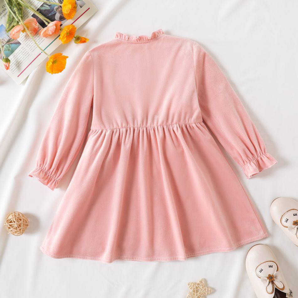 Toddler Girl Solid Color Ruffle Collar Button Design Long-sleeve Velvet Dress Pink big image 3