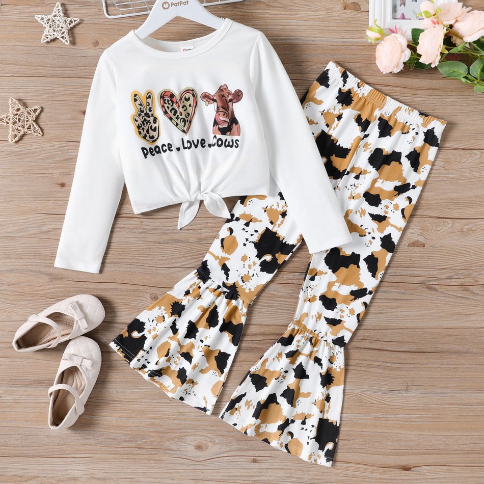 2pcs Kid Girl Letter Animal Print Tie Dyed Long-sleeve Tee and Leopard Print Flared Pants Set OffWhite