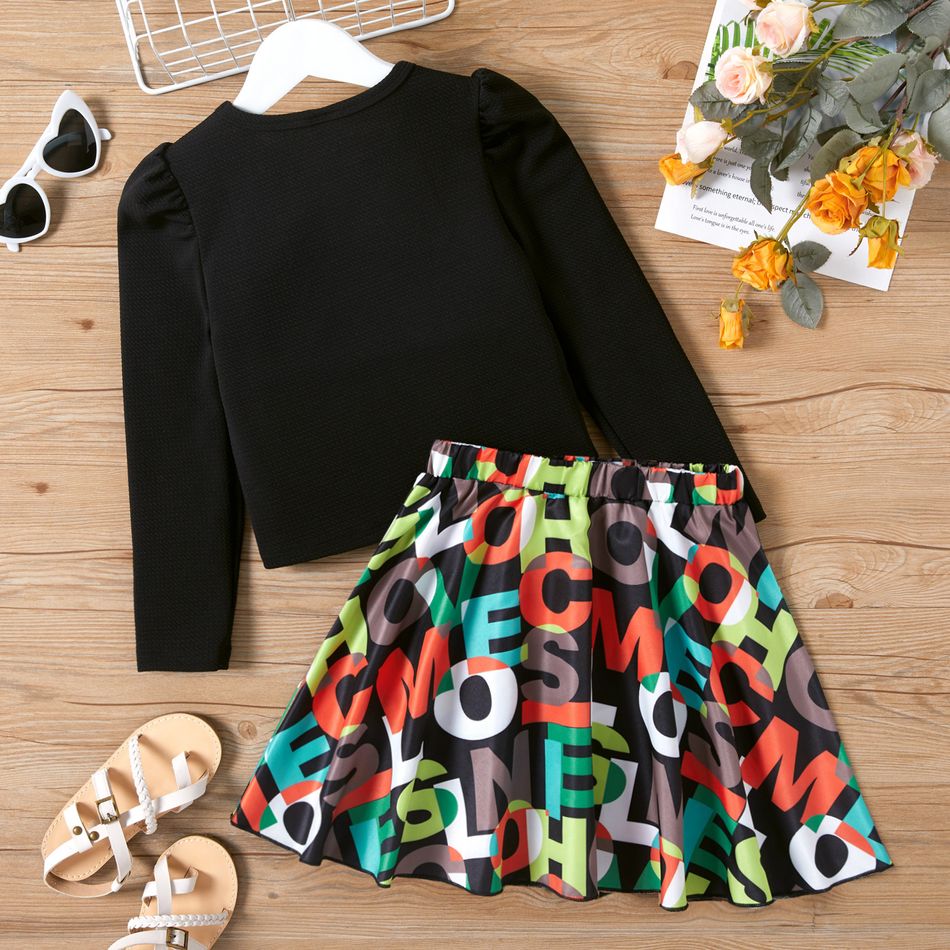 2pcs Kid Girl Bowknot Design Long-sleeve Black Tee and Letter Print Skirt Set Black big image 5